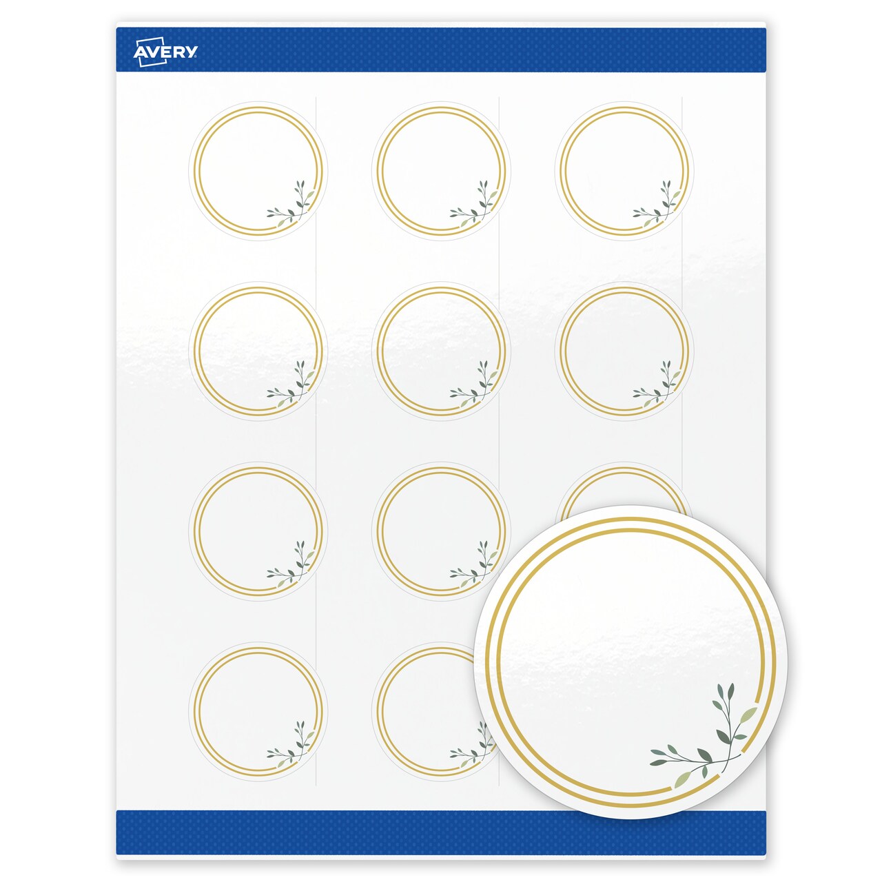Avery Printable Round Labels with Sure Feed Technology, Double Gold Border with Florals Design, 2" Diameter, Glossy White Permanent Labels, Laser/Inkjet, 120 Total, Great for Product Labels